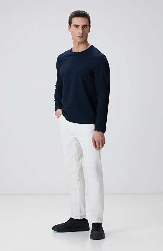 Lacivert Uzun Kollu Pamuk T-shirt