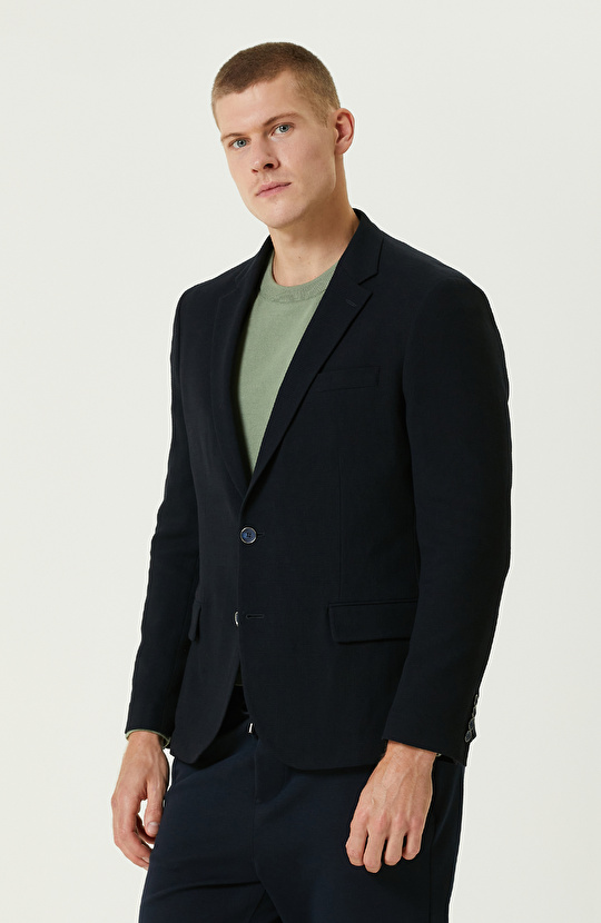 Lacivert Yün Karışımlı Jakarlı Blazer Ceket Lacivert Yün Karışımlı Jakarlı Blazer Ceket