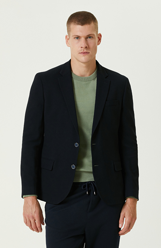 Lacivert Yün Karışımlı Jakarlı Blazer Ceket