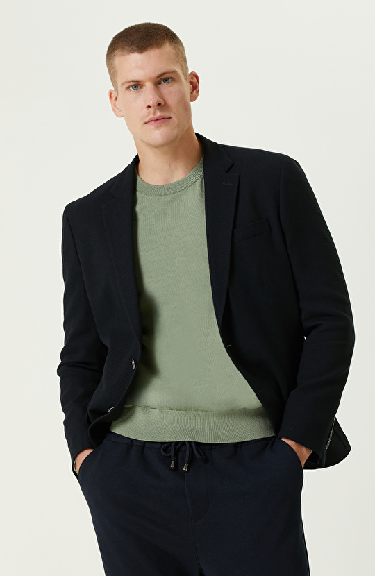 Lacivert Yün Karışımlı Jakarlı Blazer Ceket