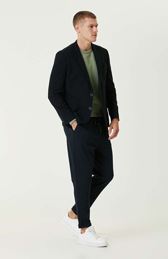 Lacivert Yün Karışımlı Jakarlı Blazer Ceket