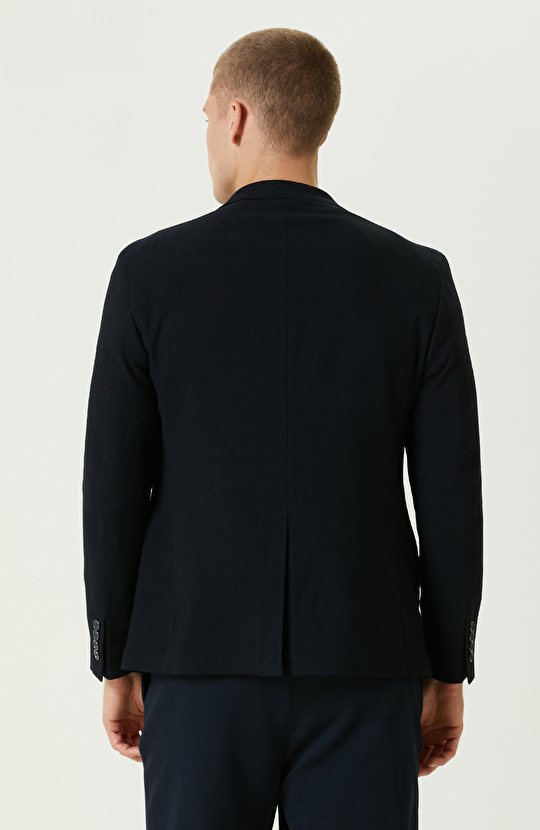 Lacivert Yün Karışımlı Jakarlı Blazer Ceket