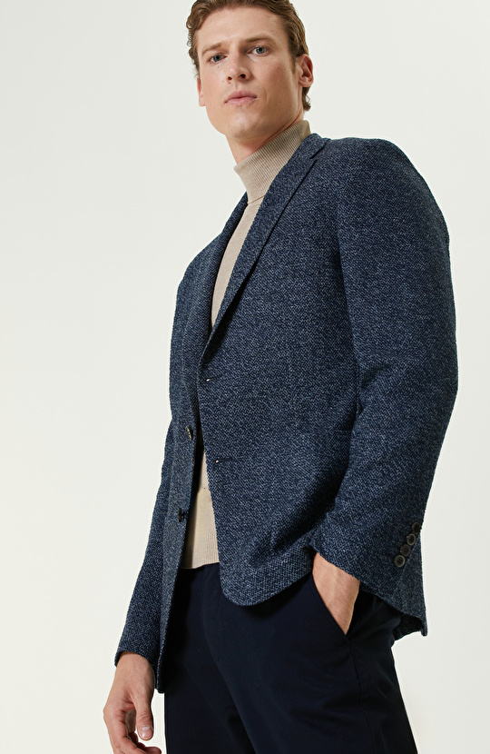 Limited Lacivert Yün Kaşmir Karışımlı Jakarlı Ceket