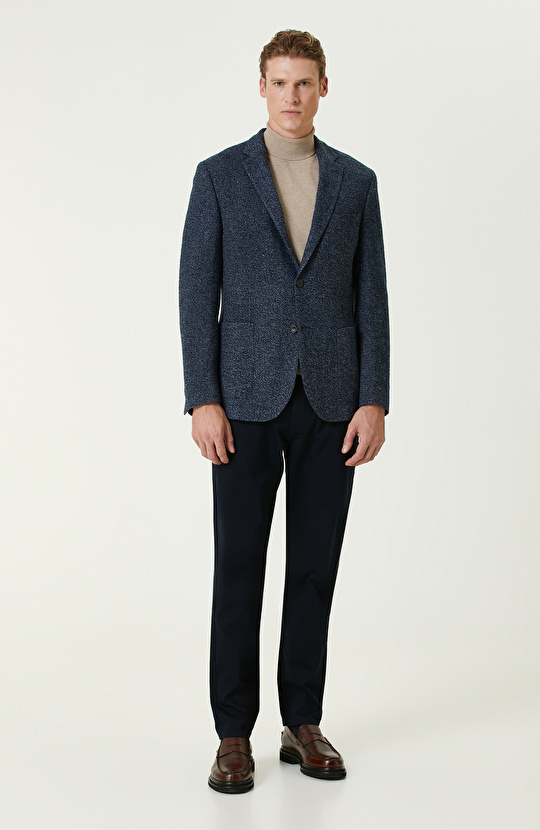 Limited Lacivert Yün Kaşmir Karışımlı Jakarlı Ceket