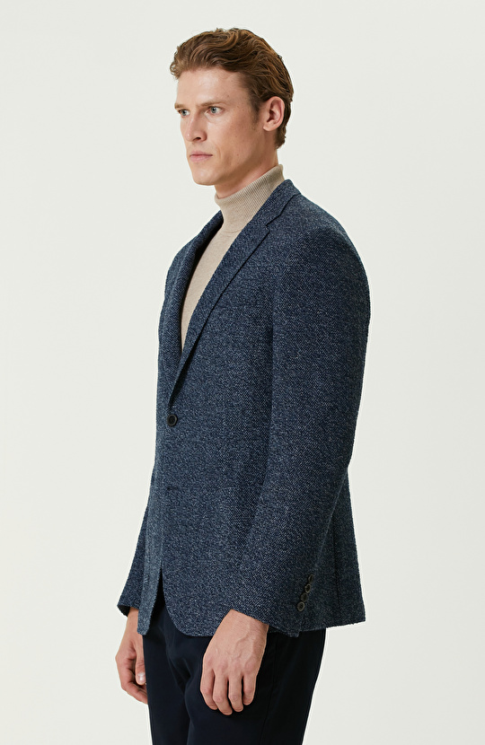 Limited Lacivert Yün Kaşmir Karışımlı Jakarlı Ceket