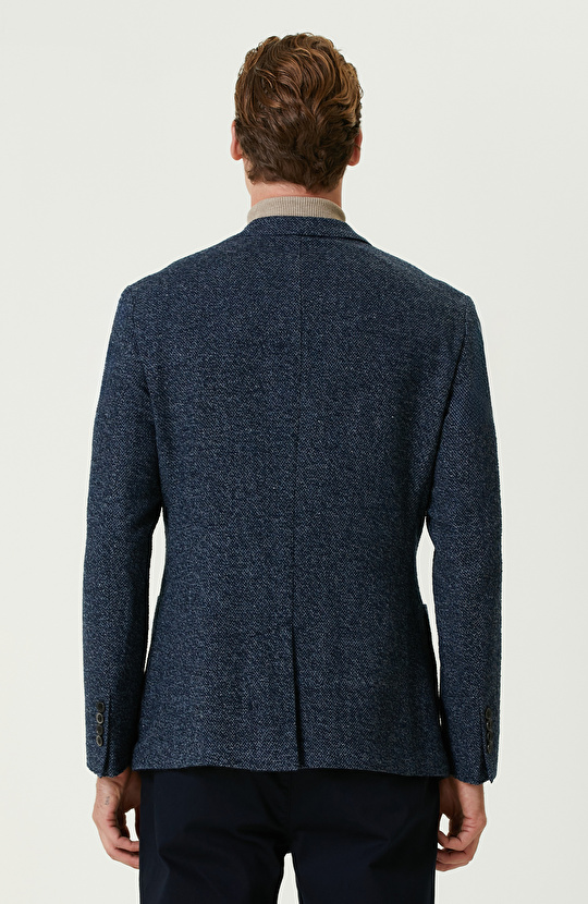 Limited Lacivert Yün Kaşmir Karışımlı Jakarlı Ceket