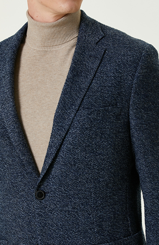 Limited Lacivert Yün Kaşmir Karışımlı Jakarlı Ceket