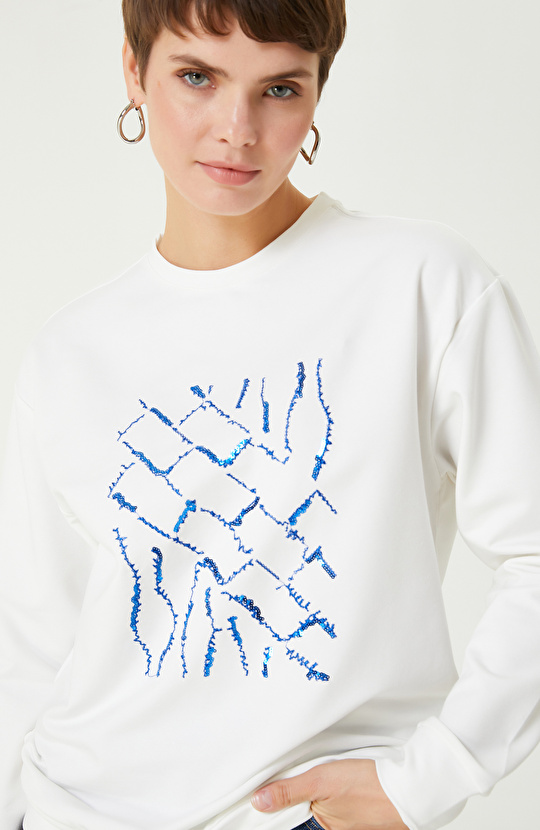 Kırık Beyaz Payetli Sweatshirt