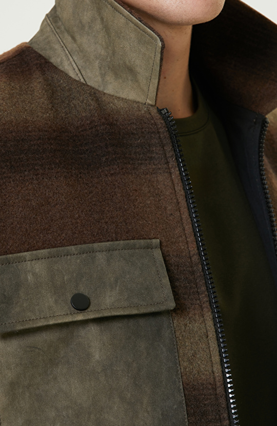 Haki Yün Karışımlı Ekose Mont