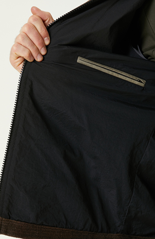 Haki Yün Karışımlı Ekose Mont