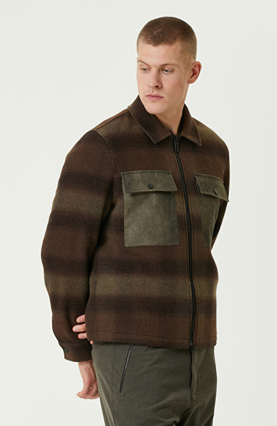 Haki Yün Karışımlı Ekose Mont