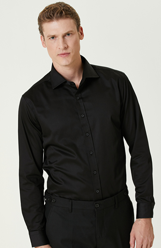 Siyah Pamuk-Saten Gömlek