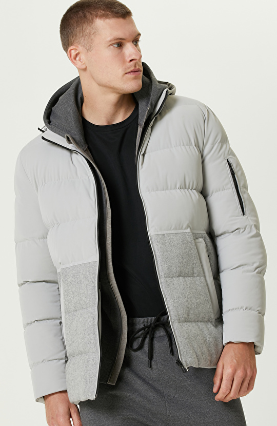 Gri Melanj Yün Karışımlı Puffer Casual Kaban