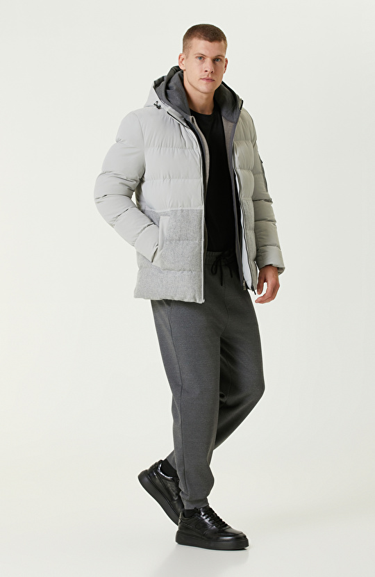 Gri Melanj Yün Karışımlı Puffer Casual Kaban