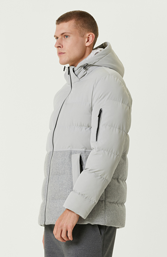 Gri Melanj Yün Karışımlı Puffer Casual Kaban