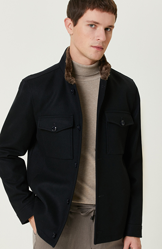 Lacivert Yün Karışımlı Mont