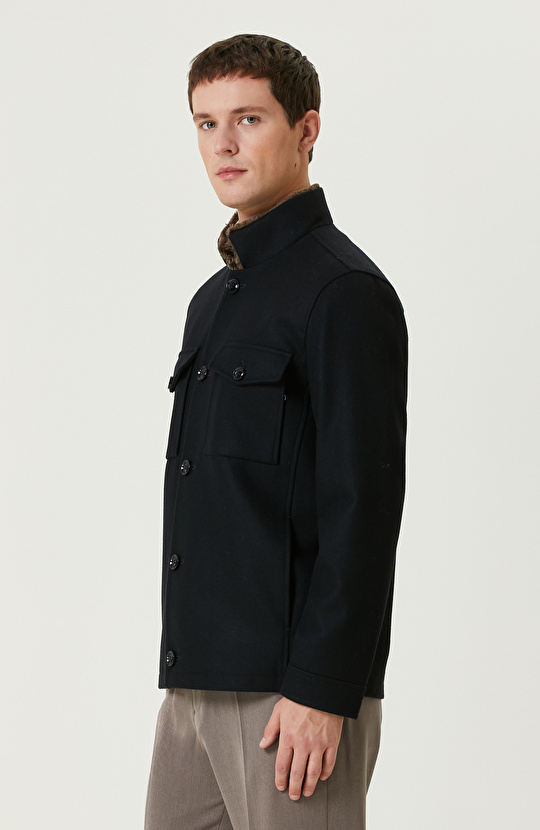 Lacivert Yün Karışımlı Mont