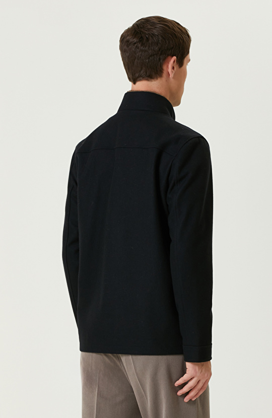 Lacivert Yün Karışımlı Mont