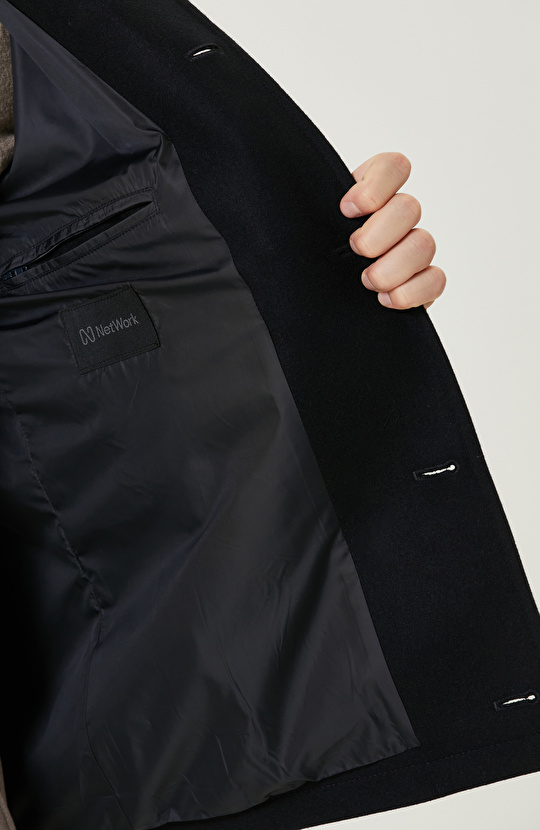 Lacivert Yün Karışımlı Mont