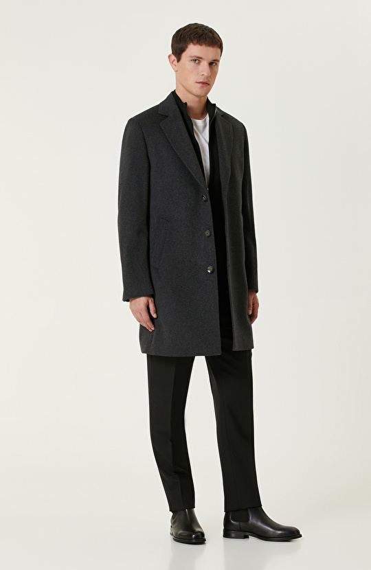 Antrasit Yün Karışımlı Palto