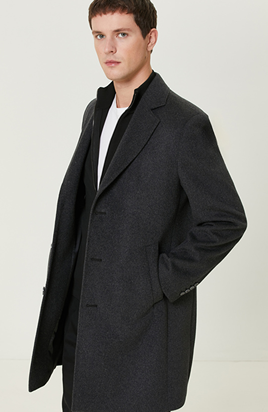 Antrasit Yün Karışımlı Palto