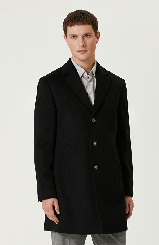 Siyah Yün Karışımlı Palto