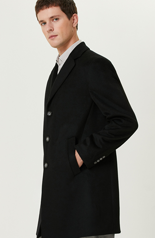 Siyah Yün Karışımlı Palto