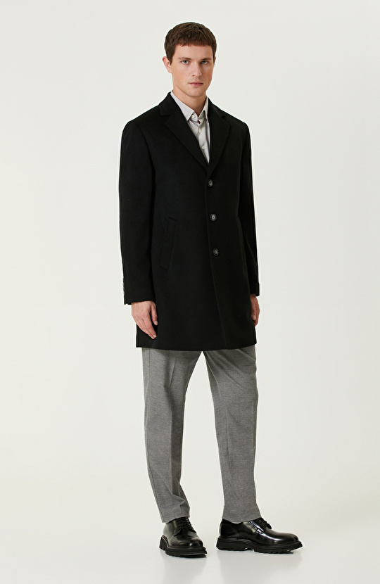 Siyah Yün Karışımlı Palto