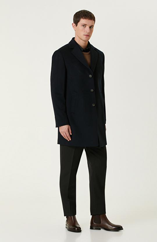 Lacivert Yün Karışımlı Palto