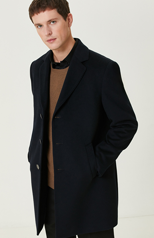 Lacivert Yün Karışımlı Palto