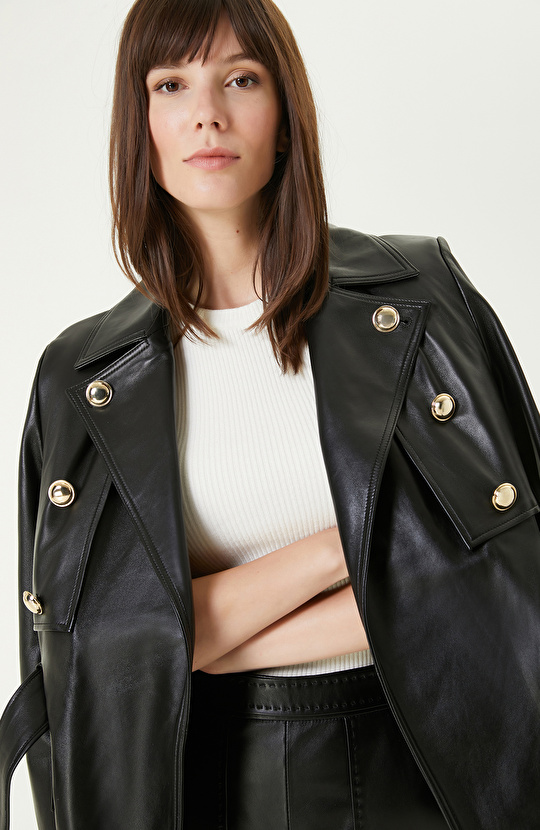 Siyah Rüzgarlık Detaylı Deri Mont