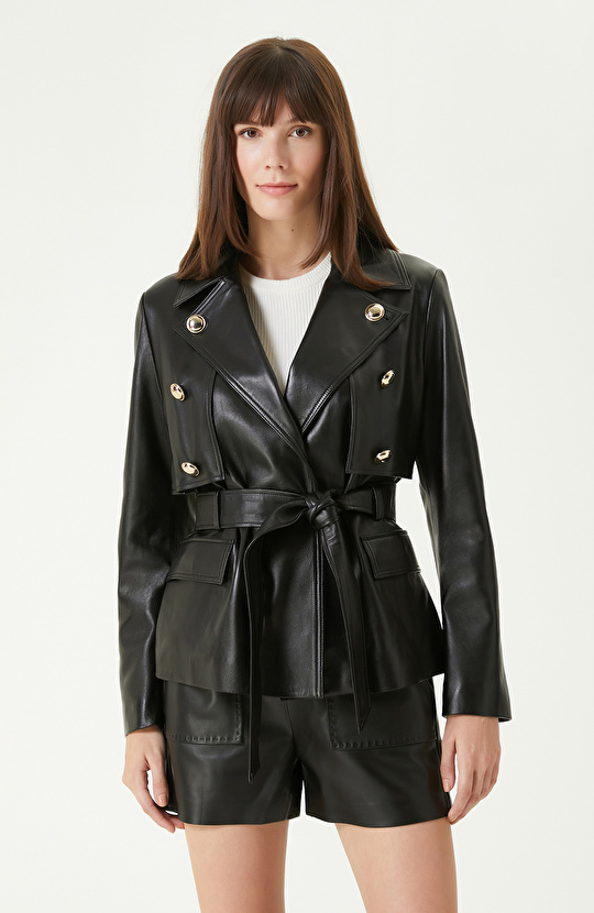 Siyah Rüzgarlık Detaylı Deri Mont