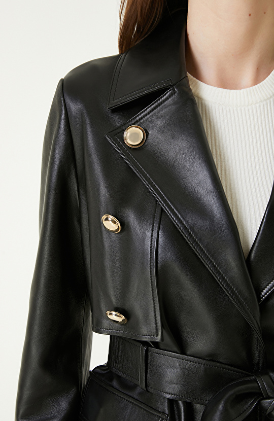 Siyah Rüzgarlık Detaylı Deri Mont