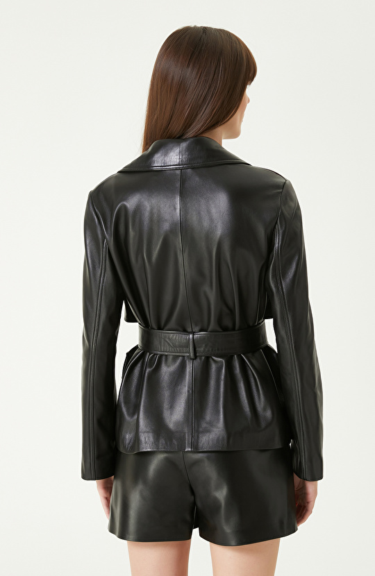 Siyah Rüzgarlık Detaylı Deri Mont