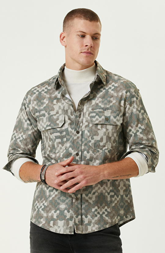 Haki Kamuflaj Desenli Dış Gömlek