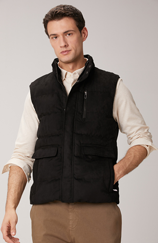 Siyah Süet Görünümlü Casual Yelek