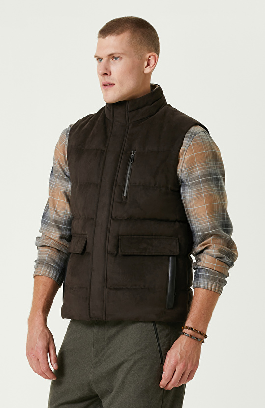 Kahverengi Süet Görünümlü Casual Yelek