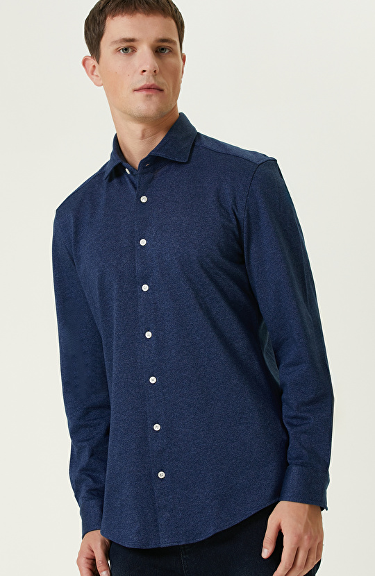 İndigo Diyagonal Örme Gömlek