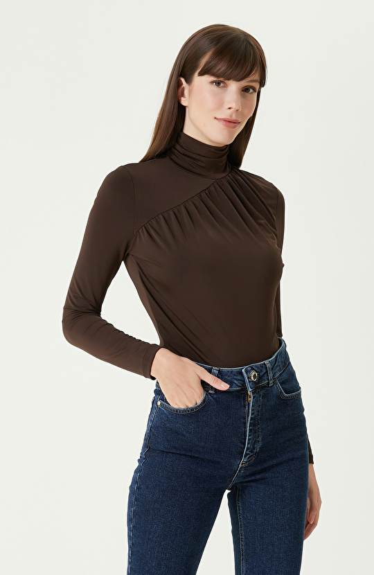 Kahverengi Jarse Bodysuıt Örme Bluz