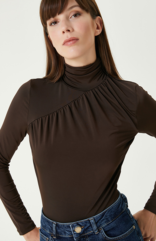 Kahverengi Jarse Bodysuıt Örme Bluz