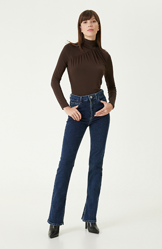 Kahverengi Jarse Bodysuıt Örme Bluz