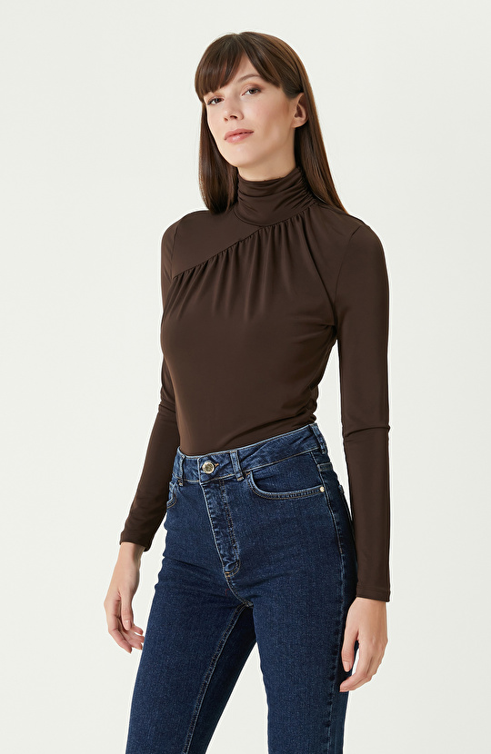 Kahverengi Jarse Bodysuıt Örme Bluz