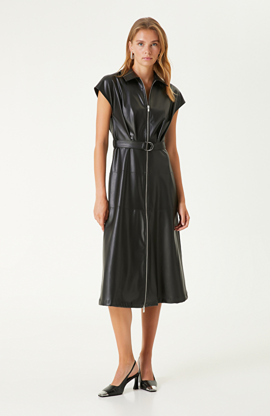 Siyah vegan Deri Midi Elbise