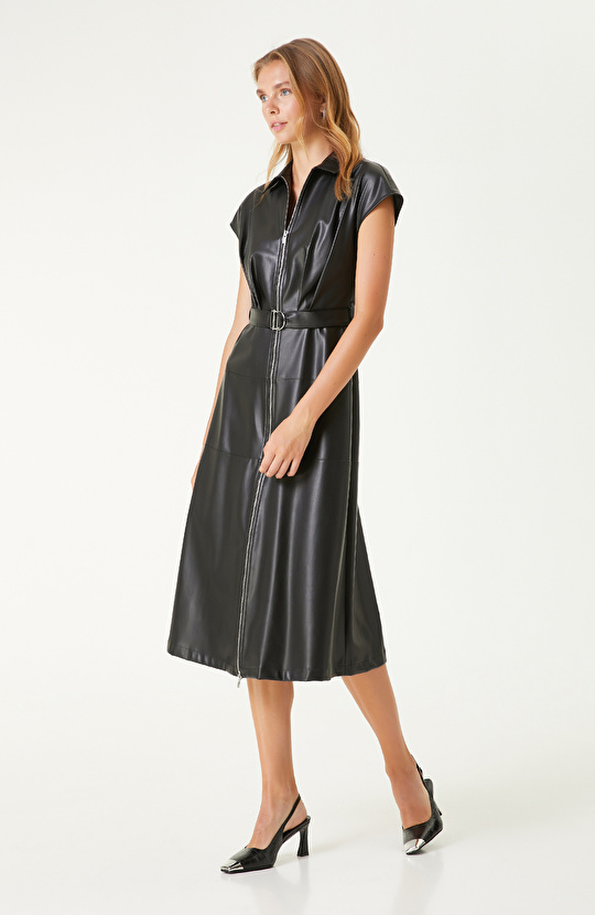 Siyah vegan Deri Midi Elbise