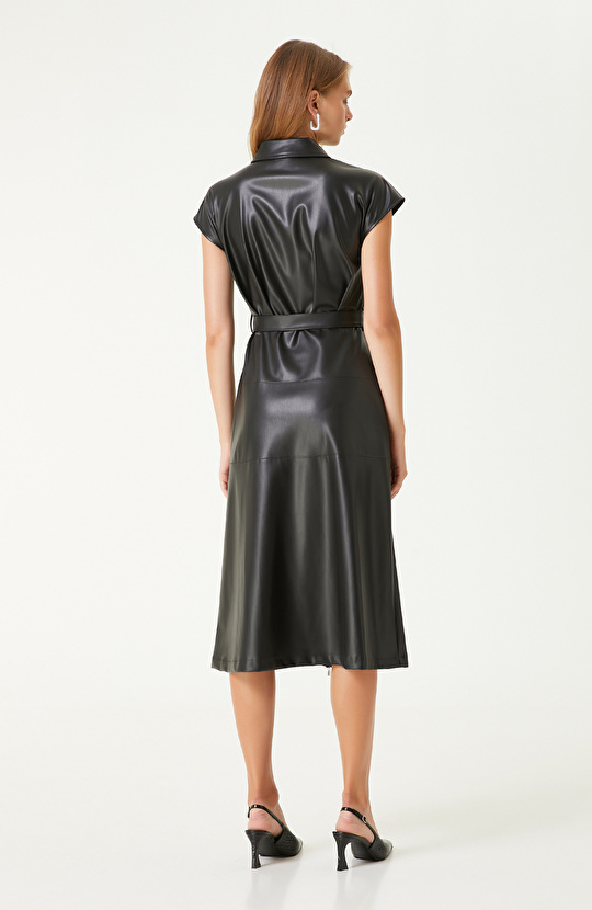 Siyah vegan Deri Midi Elbise