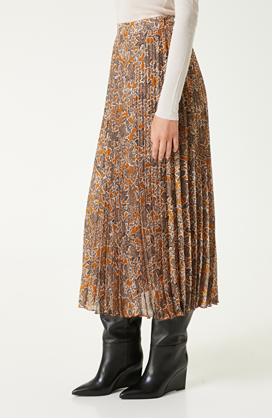 Haki Piliseli Desenli Midi Etek