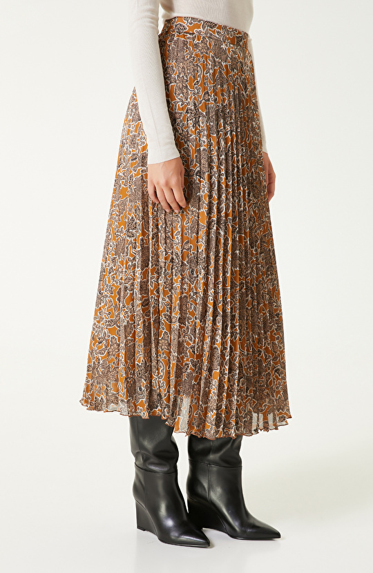 Haki Piliseli Desenli Midi Etek