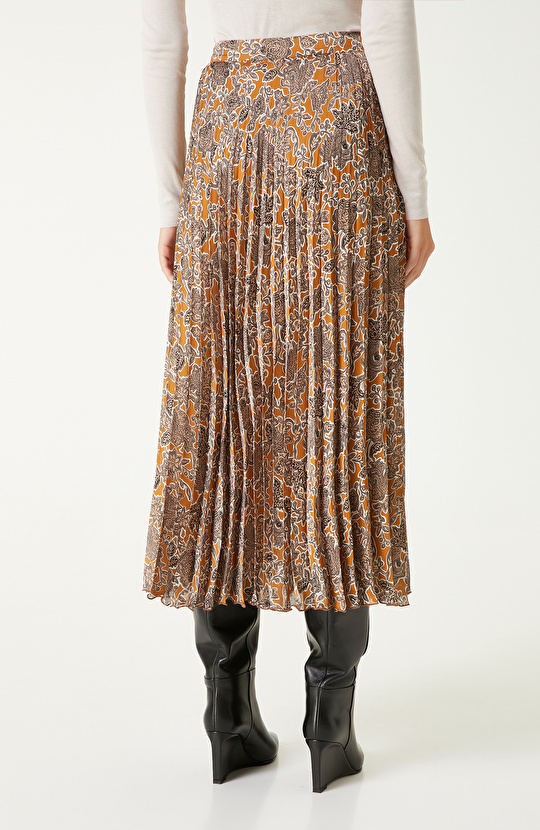 Haki Piliseli Desenli Midi Etek