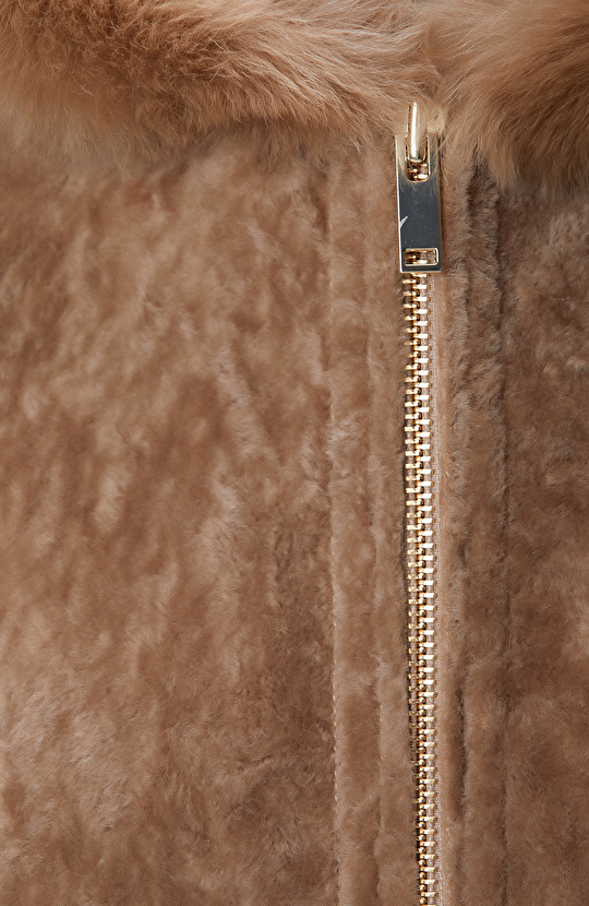 Bej Yakası Kürklü Deri Kaban 