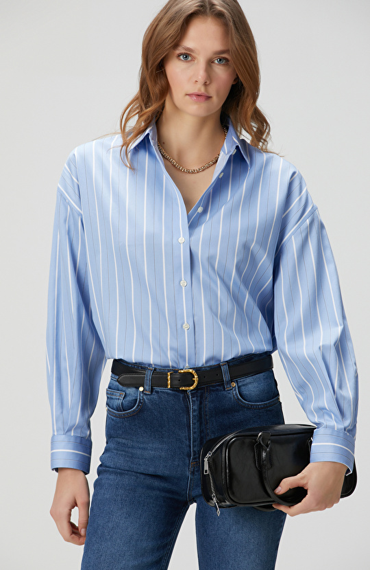 Non-Iron Mavi Beyaz Siyah Çizgili Gömlek